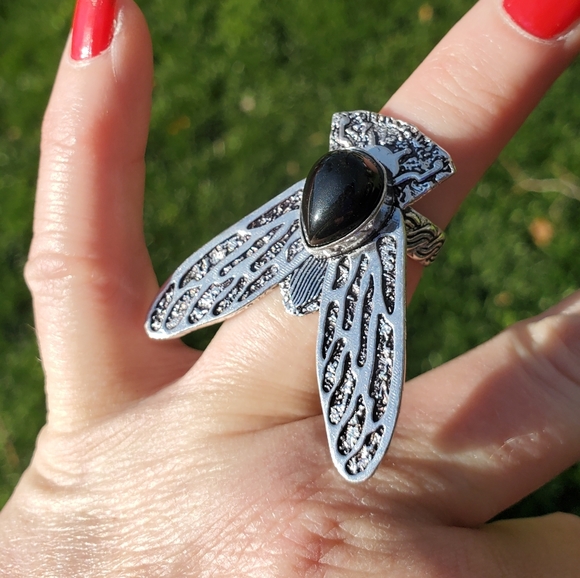 New Black Onyx Flying Insect Silver Ring. - Picture 7 of 15